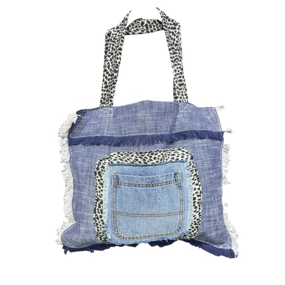Blue Frayed Denim Tote Bag Leopard Straps Patchwork Jean Pocket - Picture 5 of 6